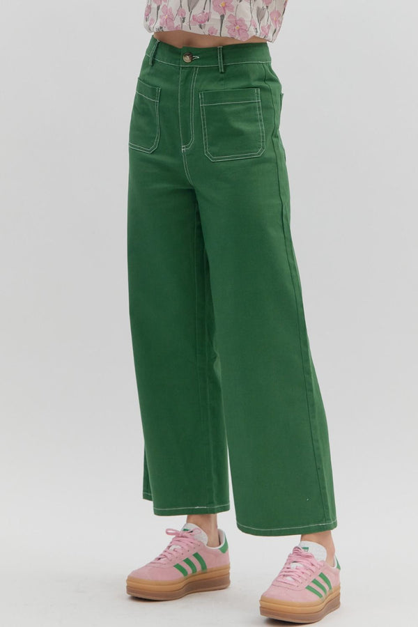 Emerald High-Waist Pants w Exposed Stitch Detail and Patch Pockets