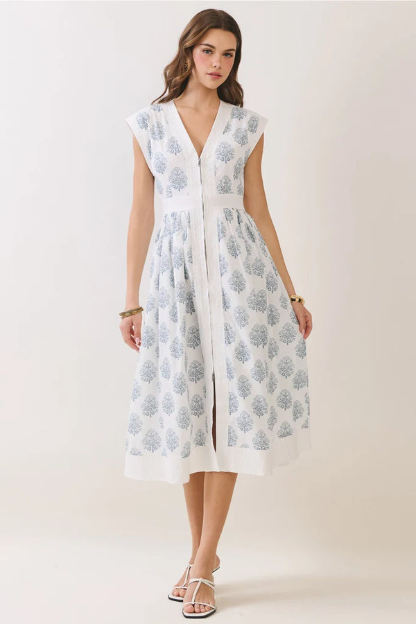 Blue Floral Print Front Zipper Midi Dress
