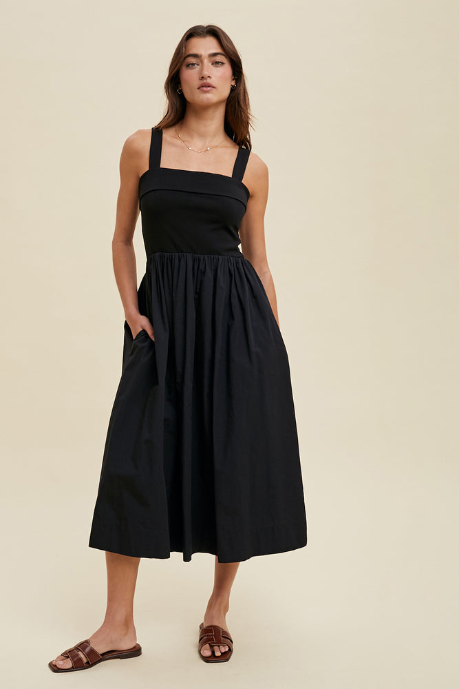 Mixed Fabric Tank Midi Dress - Black