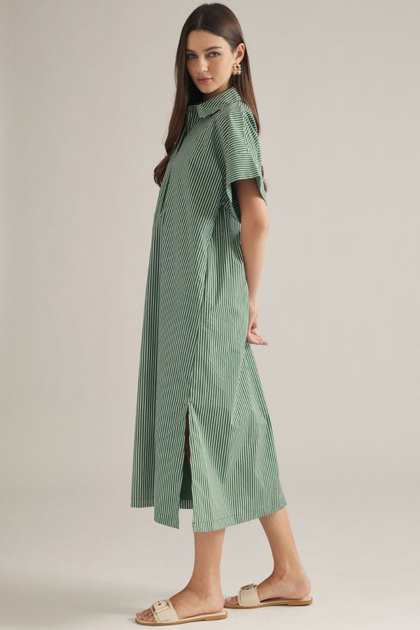 Green Stripe Shirt-Style Midi Dress featuring Side Slits