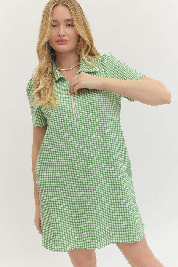 Green Gingham Print Mini Dress w Half Zip Detail