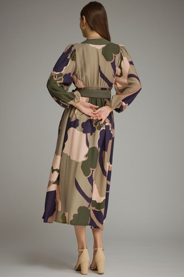 Olive Printed Long Balloon Sleeve Midi Dress
