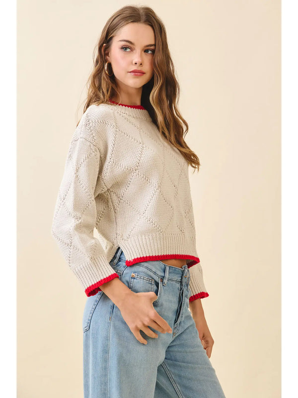 Contrast Red Trim Diamond Pattern Knit Sweater