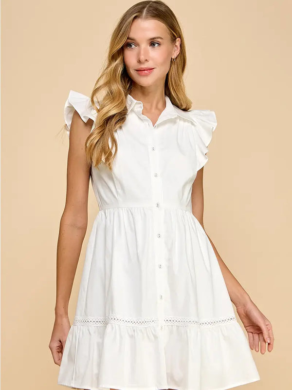 White Fit and Flare Button Up Ruffled Sleeves Dress