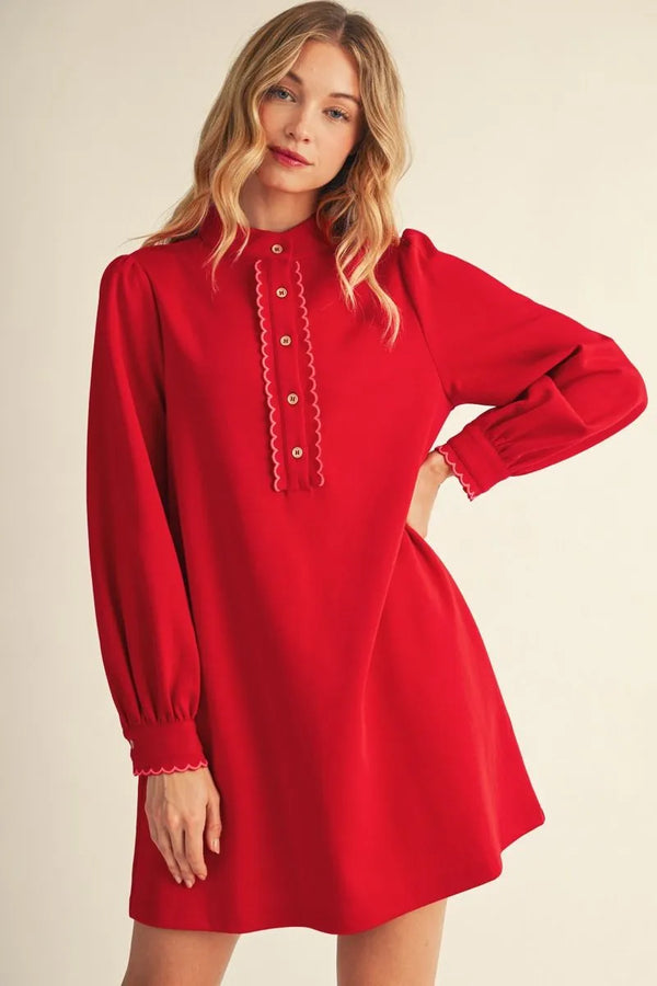 Red Long Sleeves Lovely Solid Dress w Edge Accent