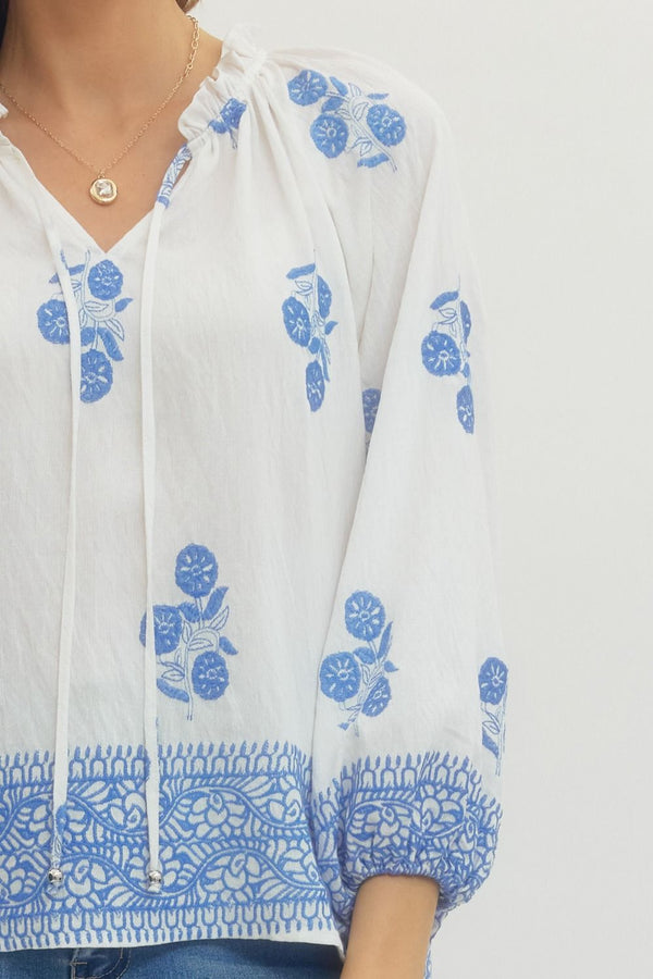 White Floral Print Raglan Puff Sleeve w Tie Detail & Ruffled Neck