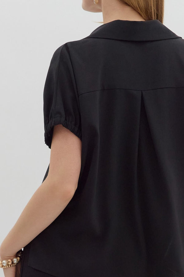 Solid Black Short Sleeve Split Collar