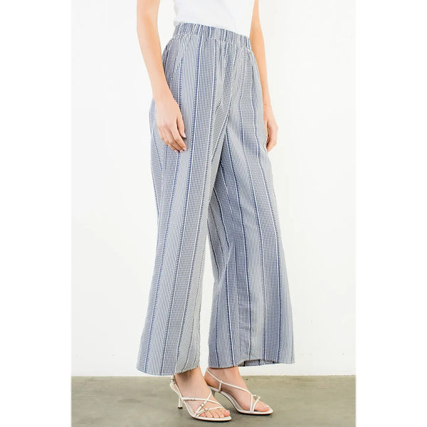 Blue Stripe Check Wide Leg Pants