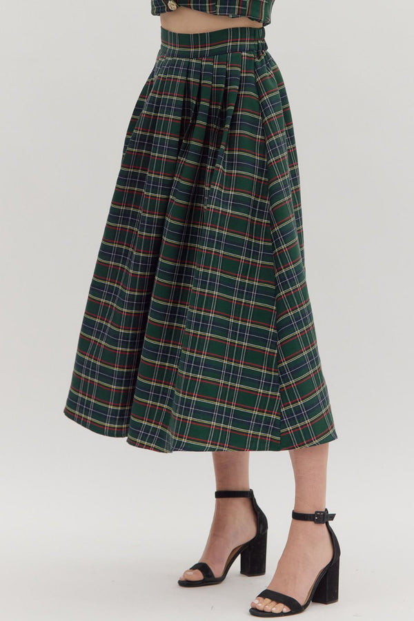 Green Plaid Pattern Pull-On Midi Skirt