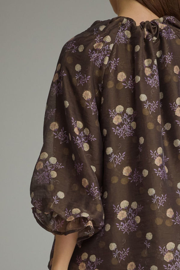 Brown Floral Print Poncho Sleeve Top w Self-Tie Front Detail