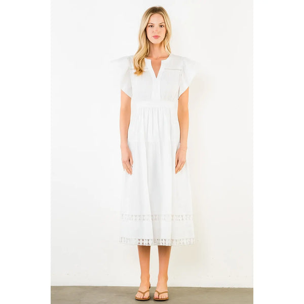 White Ruffled Sleeves V-Neck Tiered Midi Dress