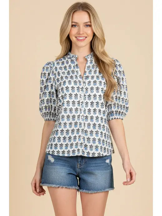 Blue Floral Puff Sleeve Collared Blouse