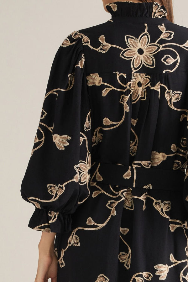 Black Floral Embroidered Puff Sleeve Midi Dress