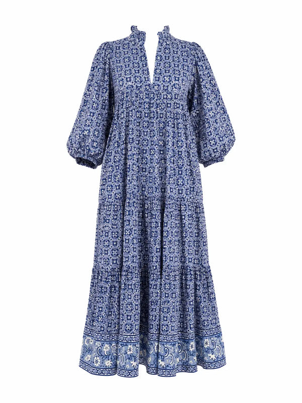Blue Geometric Maxi Puff Sleeve Dress W Pockets
