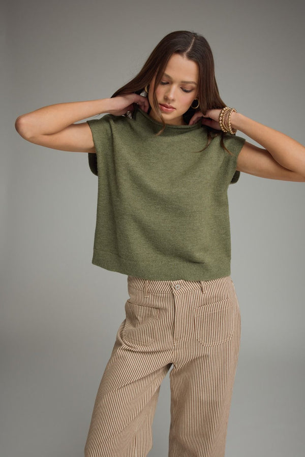 Olive Cap Sleeve Top w Rolled Mock Neck