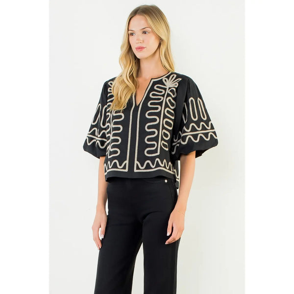 Black Puff Sleeve Embroidery Top