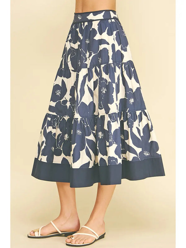 Navy Floral Tiered Midi Skirt