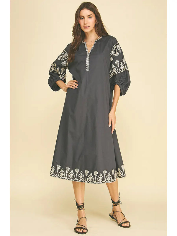 Boho Ink Embroidered Midi Dress
