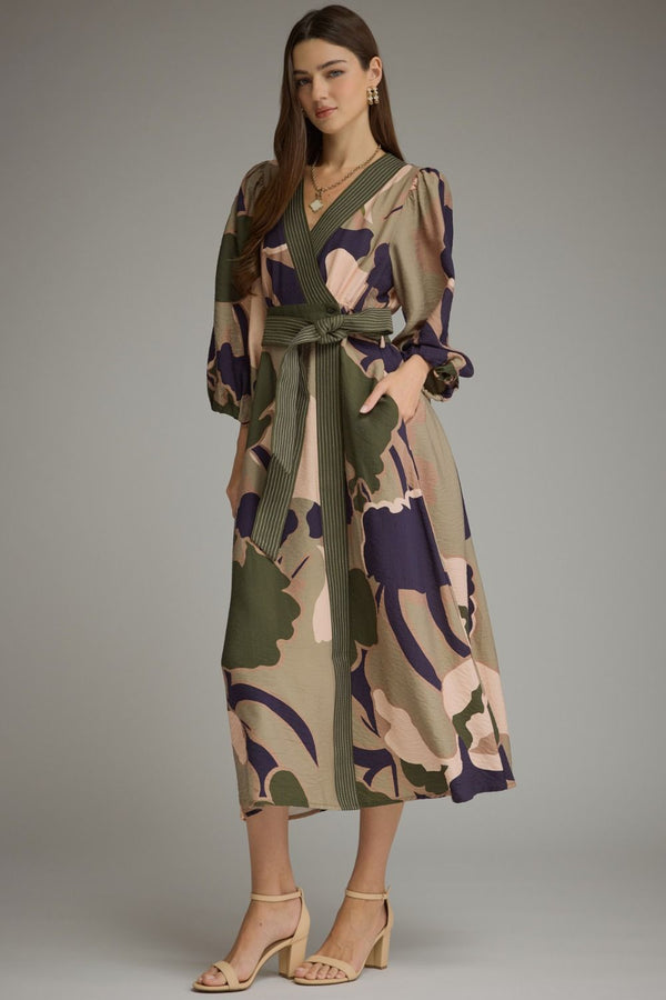Olive Printed Long Balloon Sleeve Midi Dress