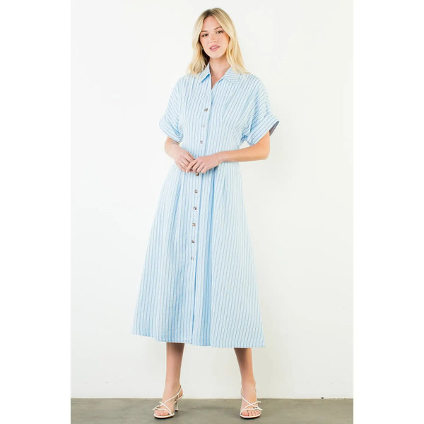 Short Sleeve Striped Button Down Dress LT. Blue