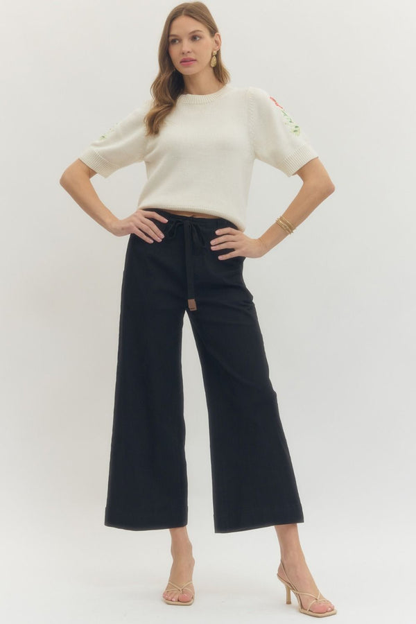 Solid Black Wide Leg Pants w Drawstring
