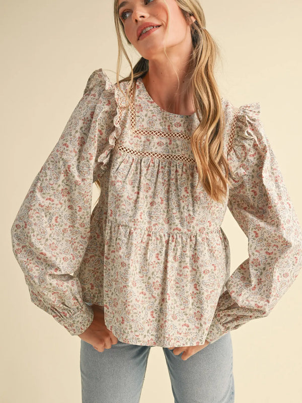 Cream Floral Ruffled Puff Sleeve Lace Trim Top