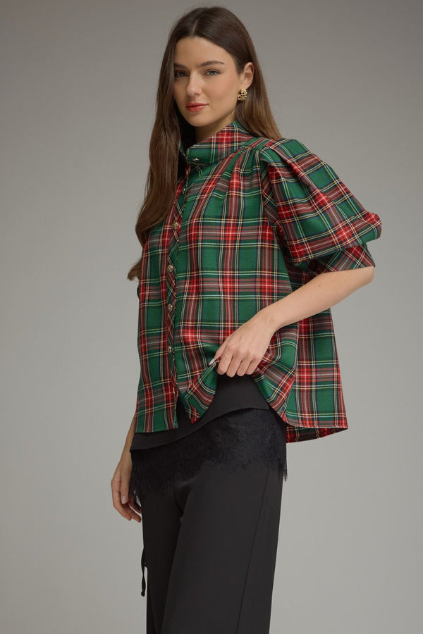 Green Plaid Short Puff Sleeve Top featuring Button Cuffs