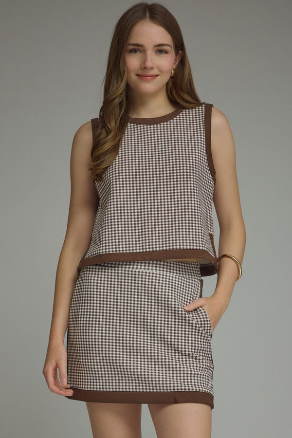 Brown Gingham Sleeveless Top Featuring Contrast Binding Detail