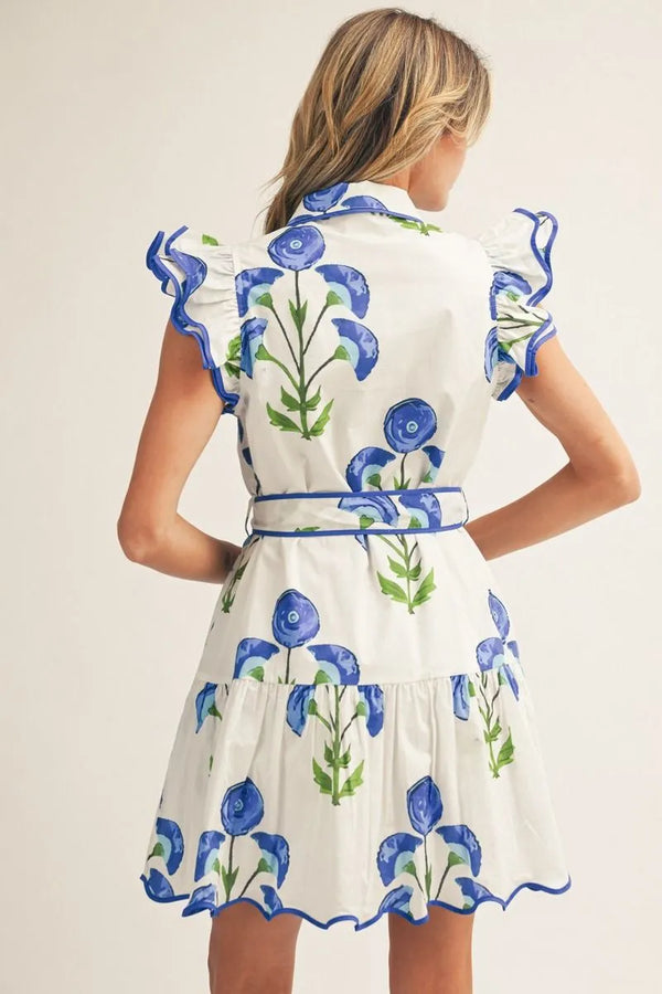 Layered Sleeves Button Down Floral Dress w Contrast Scallop Hem