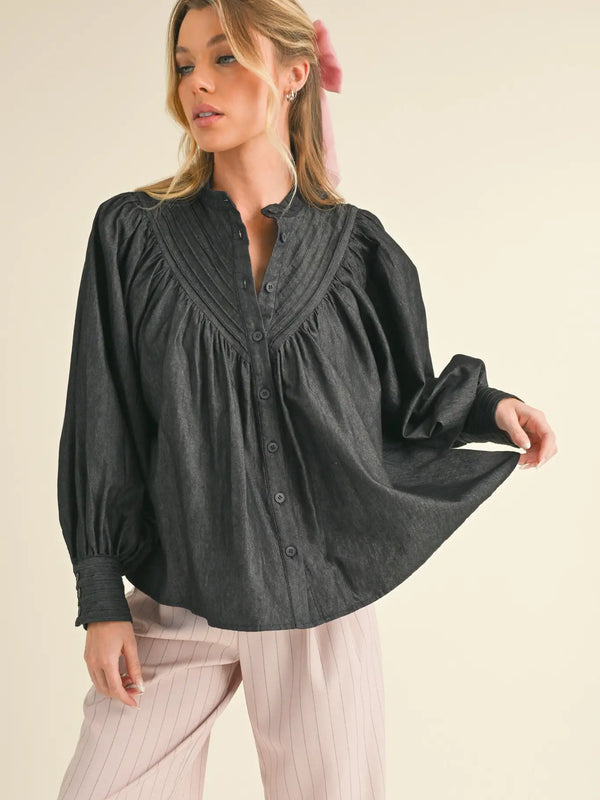 Black Button Down Batwing Sleeve Top