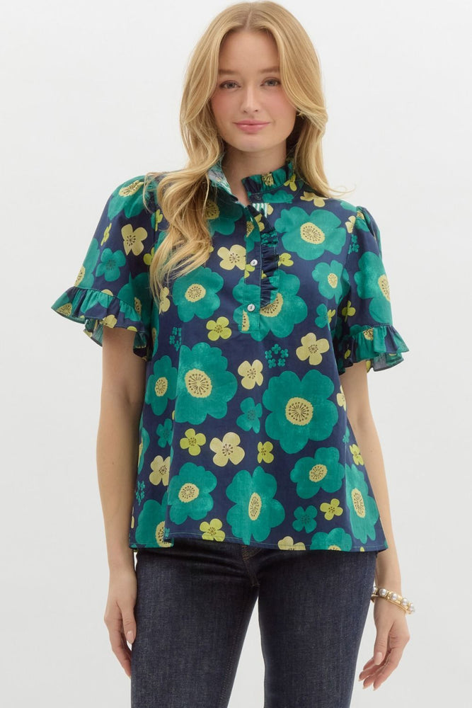 Navy Top with Green Floral Mix