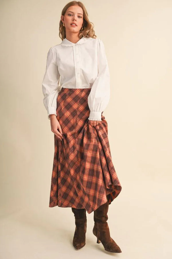 Copper Brown Plaid Maxi Skirt