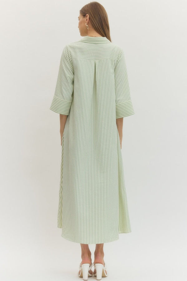 Sage Striped 3/4 Sleeve Midi Dress