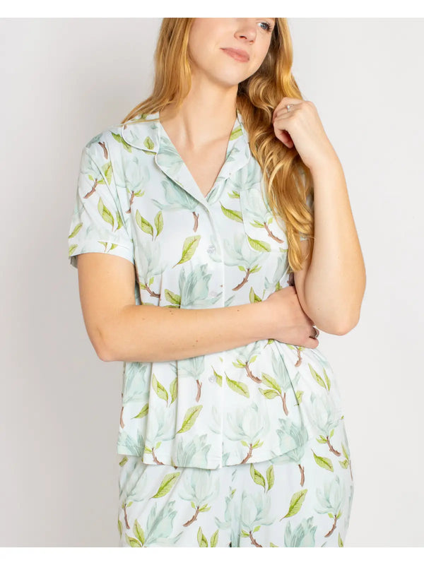 Audrey Short Sleeve Button Up Sleep Shirt Aqua/Multi