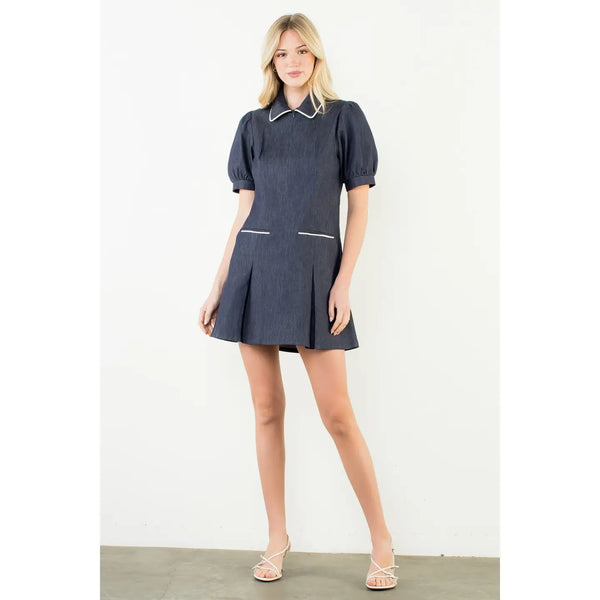 Puff Sleeve Collared Denim Dress