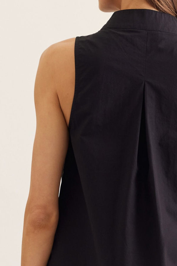 Solid Black Sleeveless Top Featuring Split V-neck