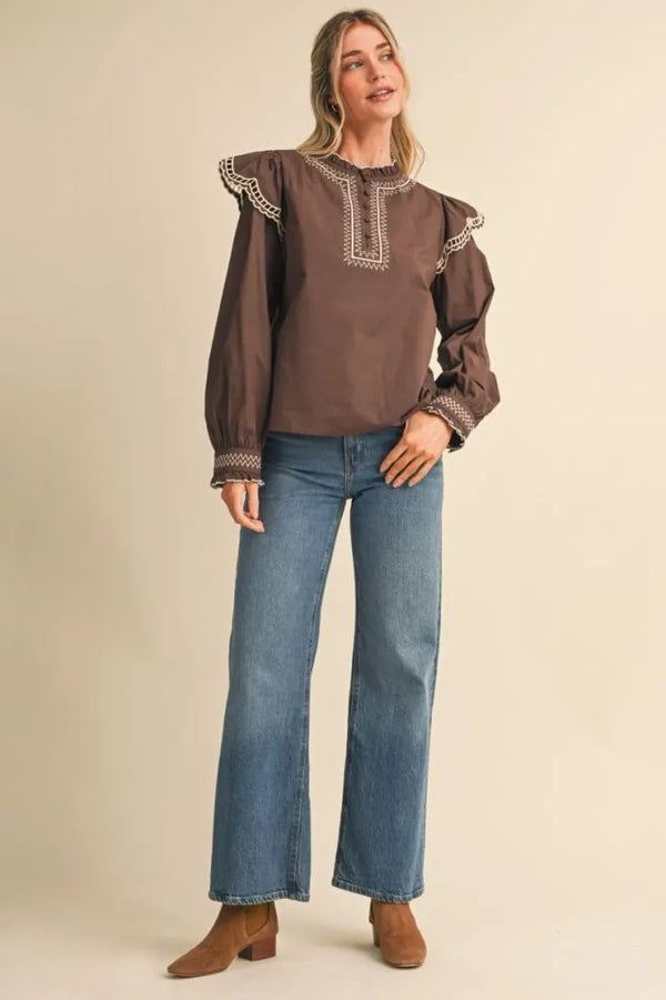 Cocoa Brown Embroidered Long Sleeve Top w Ruffle Mock Neckline