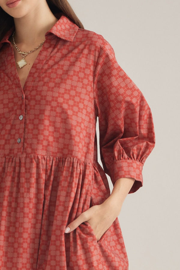 Rust Geometric Print ¾ Balloon Sleeve Midi Dress