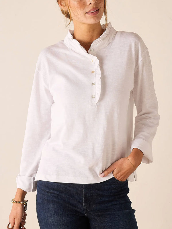 Josephine Long Sleeve Ruffle Henley | White