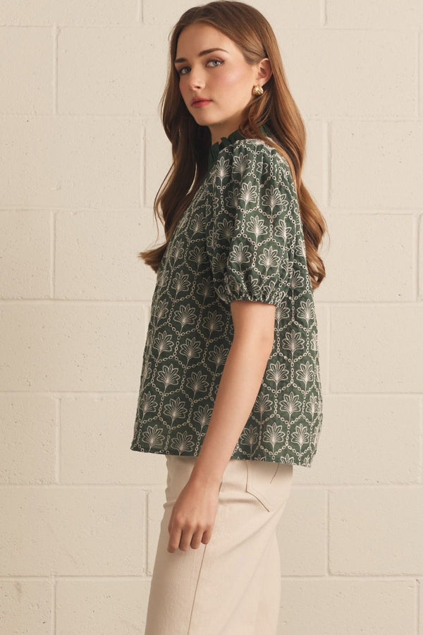 Army Embroidered Puff Sleeve Top w Ruffle Neck