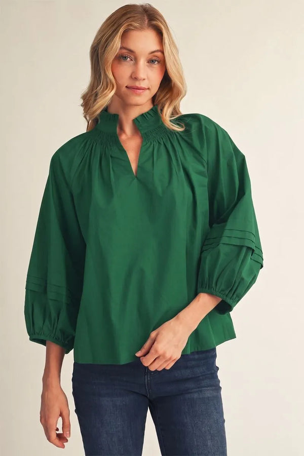 Hunter Green Notched V Neck Top w Pleat Detail & Ruffled Neckline