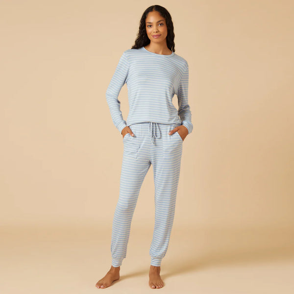 Dream Jersey Crew Neck Lounge Set - Sky Blue Stripe