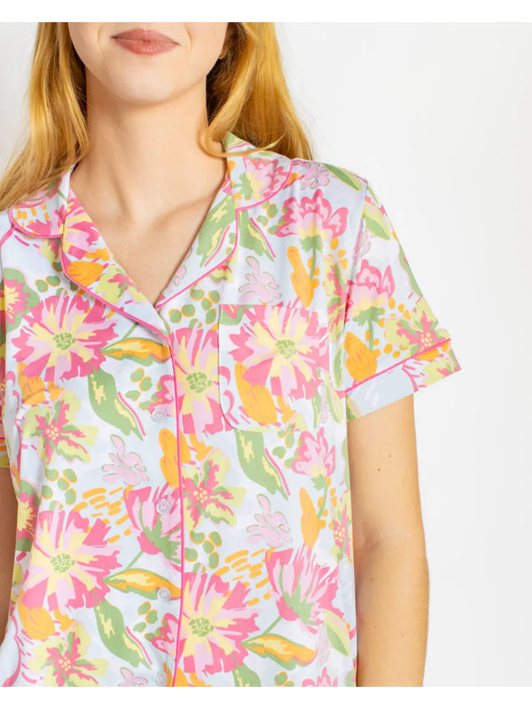 Summer Bouquet Short Sleeve Button Up Sleep Shirt Pink/Blue/Multi