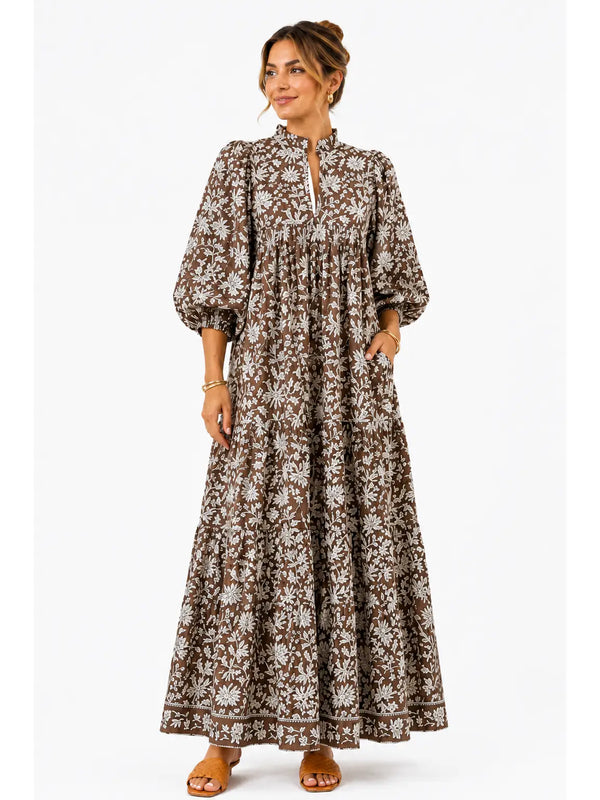 Brown Floral Maxi Puff Sleeve Dress W Pockets and Belt