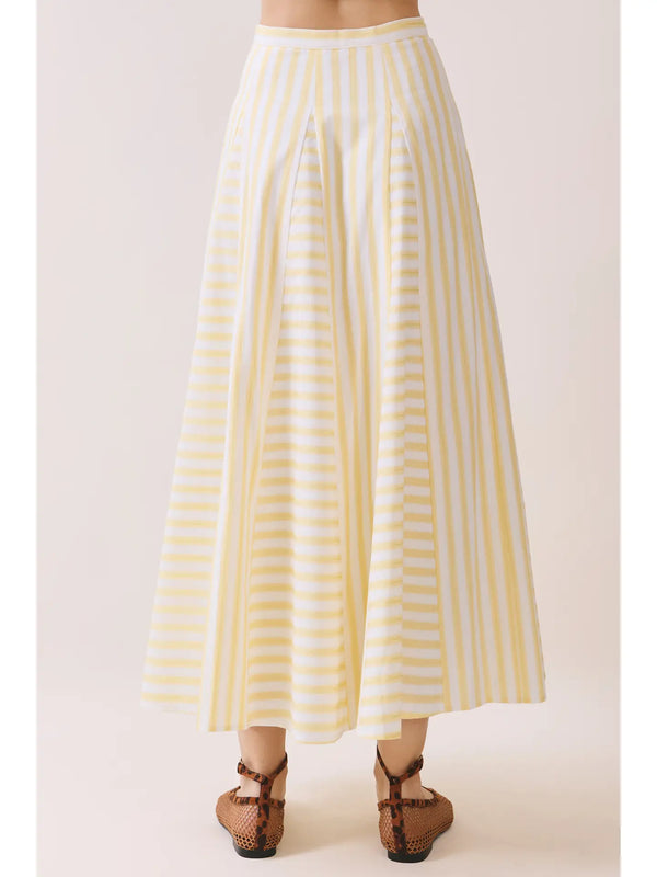 Yellow Striped Paneled Construction A Line Midi Skirt