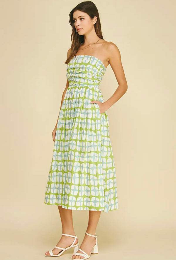 Geometric Print MIDI Dress | Aqua Green