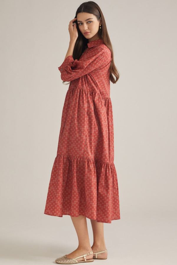 Rust Geometric Print ¾ Balloon Sleeve Midi Dress