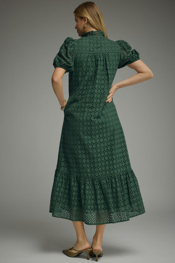 Green Eyelet Puff Sleeve Midi Dress w Ruffled Mock Neck