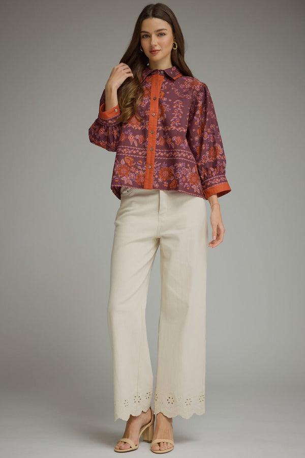 Wine Floral Print ¾ Sleeve Top w Contrast Trim