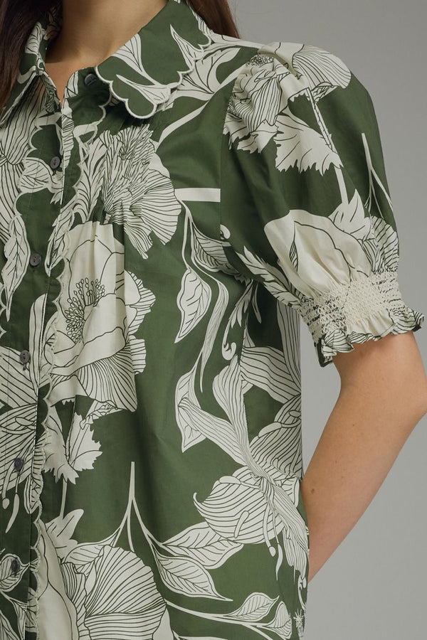 Floral Fern Print Puff Sleeve Top Featuring Scallop Trim